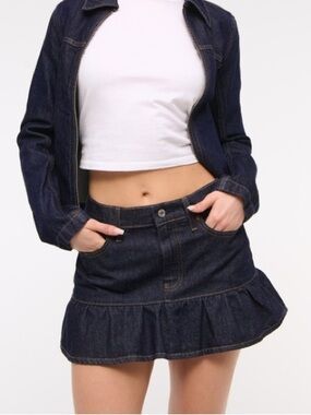Abercrombie Mid Rise Drop-Waist Ruffle Denim Mini Skirt in Rinse Blue